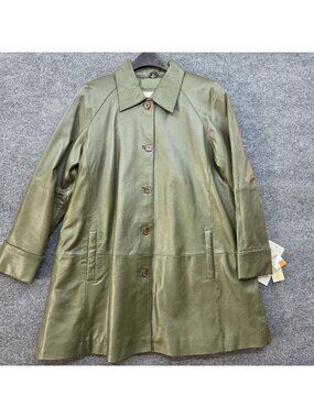 Vintage Y2K Excelled M Sage Green Leather Coat Long A-Line Mod Minimalist NEW